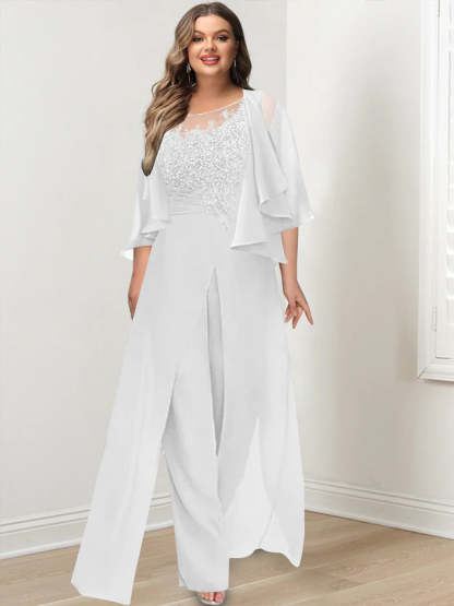 Plus Size Mother of the Bride A-Line/Princess Jumpsuit with Jacket Floor-Length Design Side Split & Appliques-BMbridal.UK
