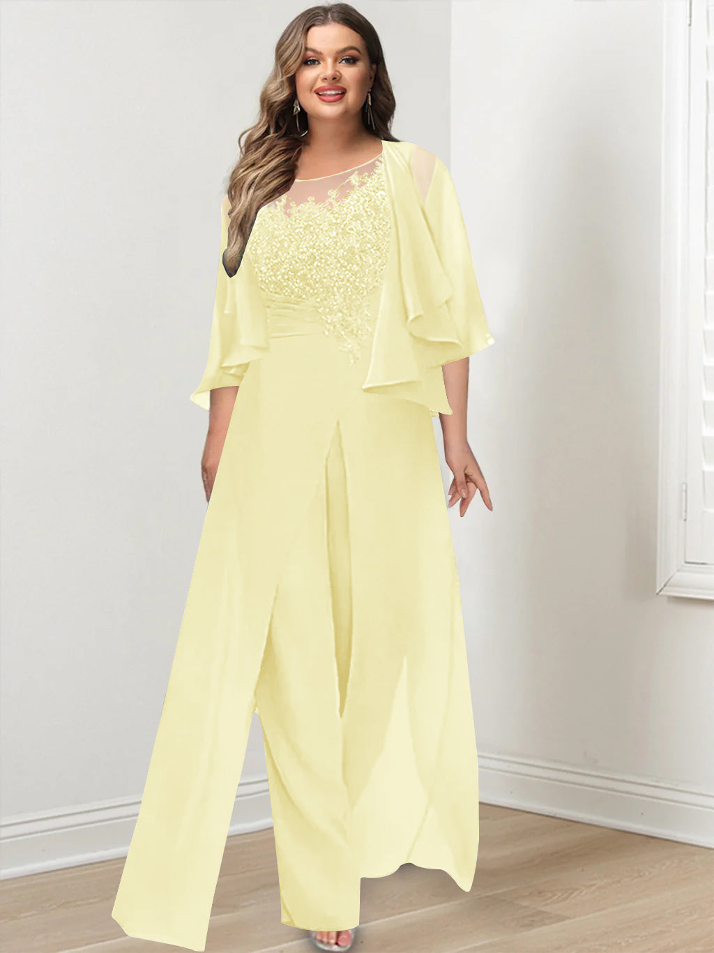 Plus Size Mother of the Bride A-Line/Princess Jumpsuit with Jacket Floor-Length Design Side Split & Appliques-BMbridal.UK
