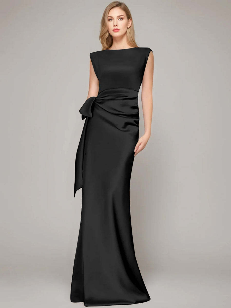 Floor-Length Sleeveless Mother of the Bride Dress with Bow and Shoulder Pad