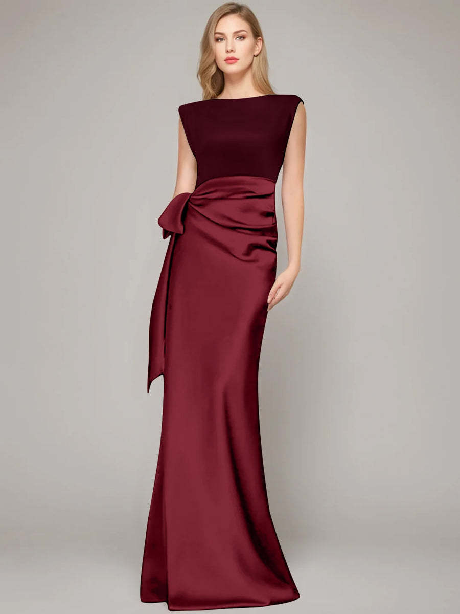 Floor-Length Sleeveless Mother of the Bride Dress with Bow and Shoulder Pad