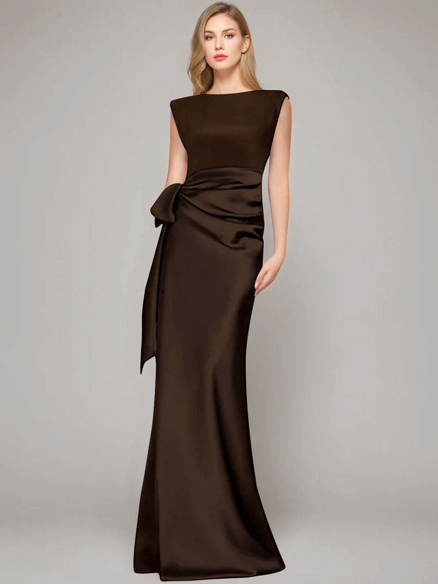 Floor-Length Sleeveless Mother of the Bride Dress with Bow and Shoulder Pad