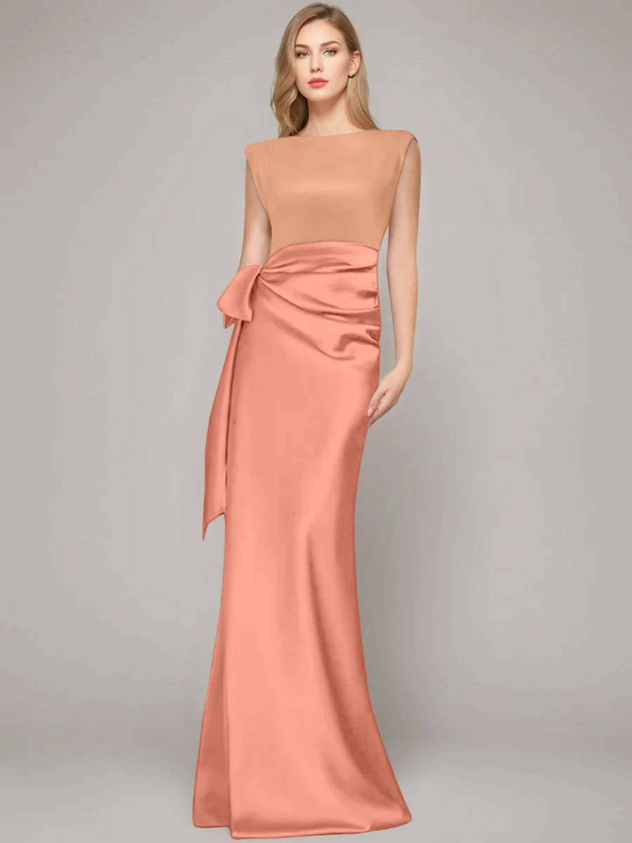 Floor-Length Sleeveless Mother of the Bride Dress with Bow and Shoulder Pad