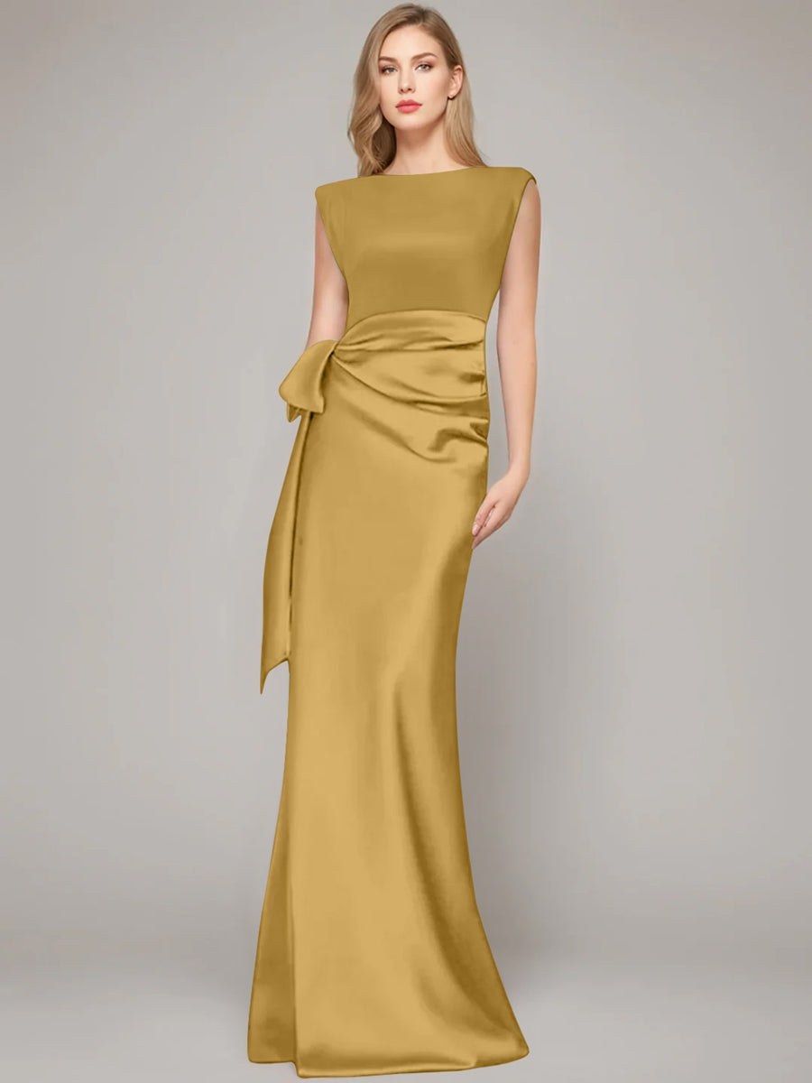 Floor-Length Sleeveless Mother of the Bride Dress with Bow and Shoulder Pad