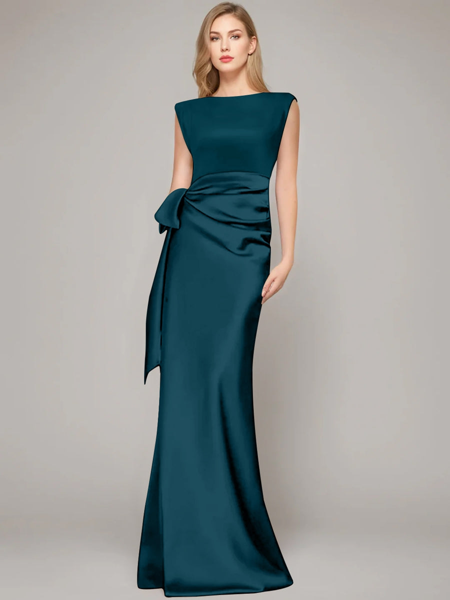 Floor-Length Sleeveless Mother of the Bride Dress with Bow and Shoulder Pad