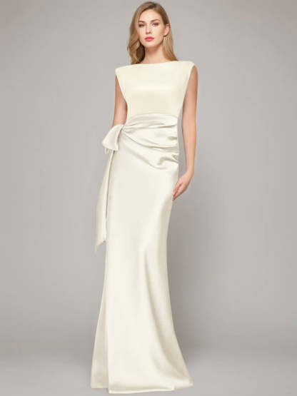 Floor-Length Sleeveless Mother of the Bride Dress with Bow and Shoulder Pad