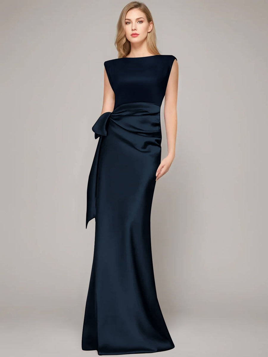 Floor-Length Sleeveless Mother of the Bride Dress with Bow and Shoulder Pad