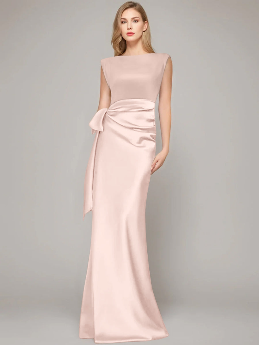 Floor-Length Sleeveless Mother of the Bride Dress with Bow and Shoulder Pad