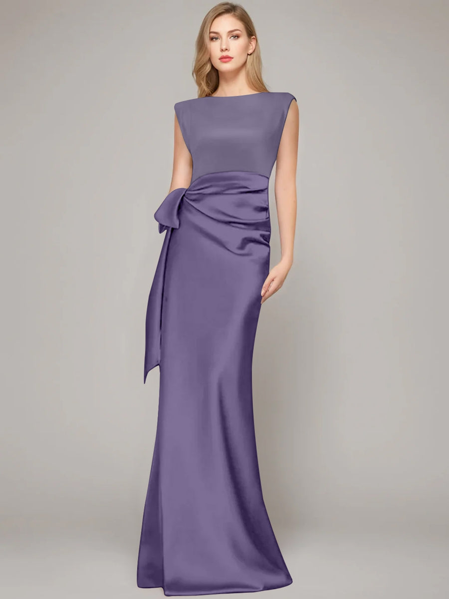 Floor-Length Sleeveless Mother of the Bride Dress with Bow and Shoulder Pad