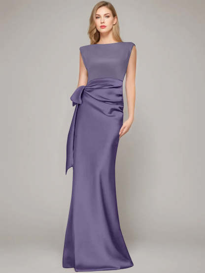 Floor-Length Sleeveless Mother of the Bride Dress with Bow and Shoulder Pad