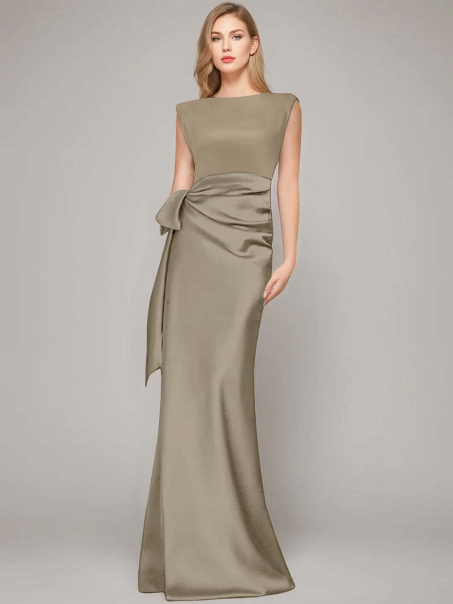 Floor-Length Sleeveless Mother of the Bride Dress with Bow and Shoulder Pad