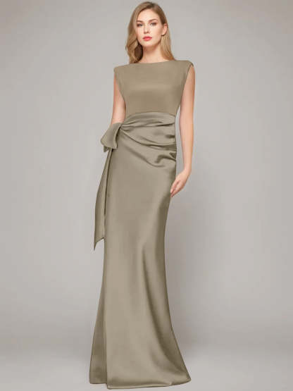 Floor-Length Sleeveless Mother of the Bride Dress with Bow and Shoulder Pad