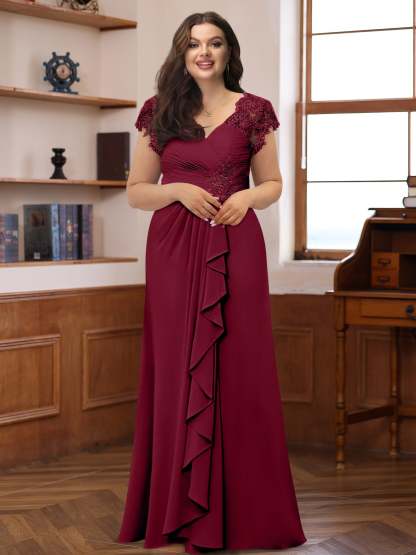 Plus Size V-Neck A-Line Princess Dress with Short Sleeves Ruffles and Appliques for Mothers of the Bride & Groom-BMbridal.UK