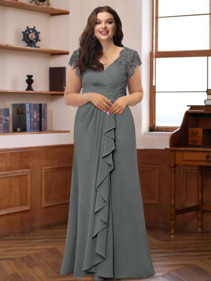 Plus Size V-Neck A-Line Princess Dress with Short Sleeves Ruffles and Appliques for Mothers of the Bride & Groom-BMbridal.UK