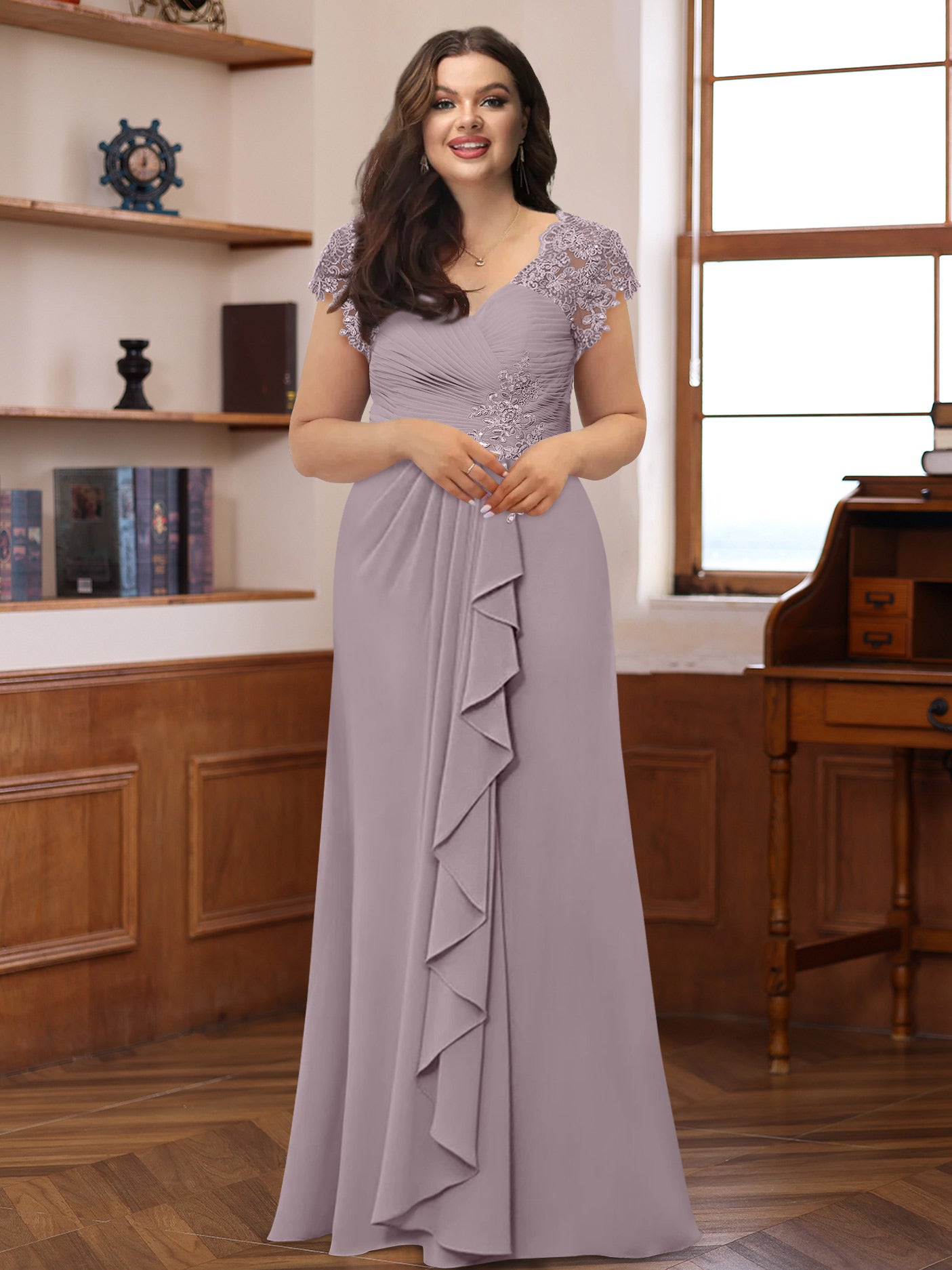 Plus Size V-Neck A-Line Princess Dress with Short Sleeves Ruffles and Appliques for Mothers of the Bride & Groom-BMbridal.UK