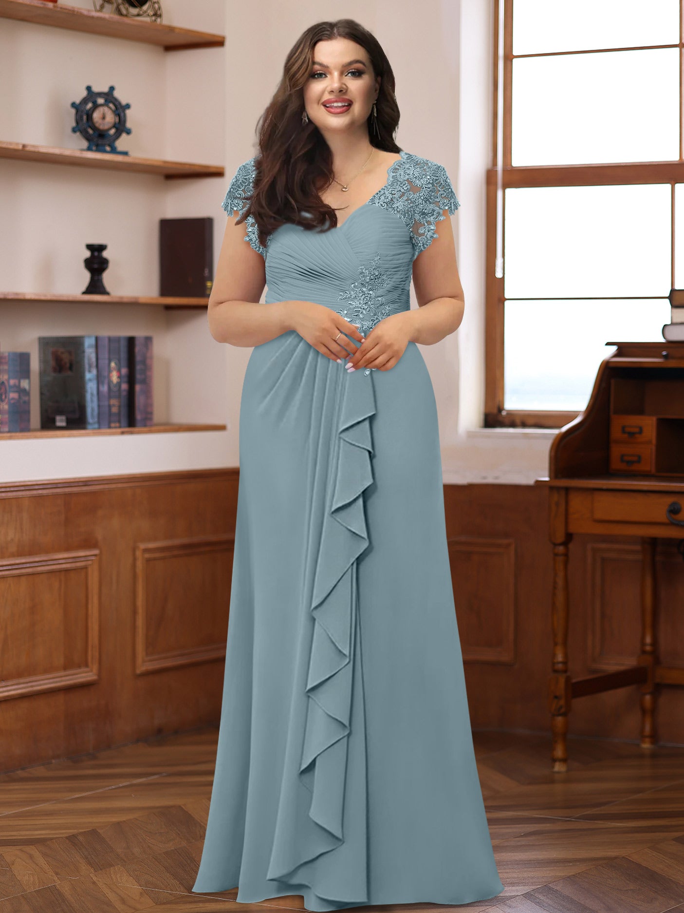 Plus Size V-Neck A-Line Princess Dress with Short Sleeves Ruffles and Appliques for Mothers of the Bride & Groom-BMbridal.UK