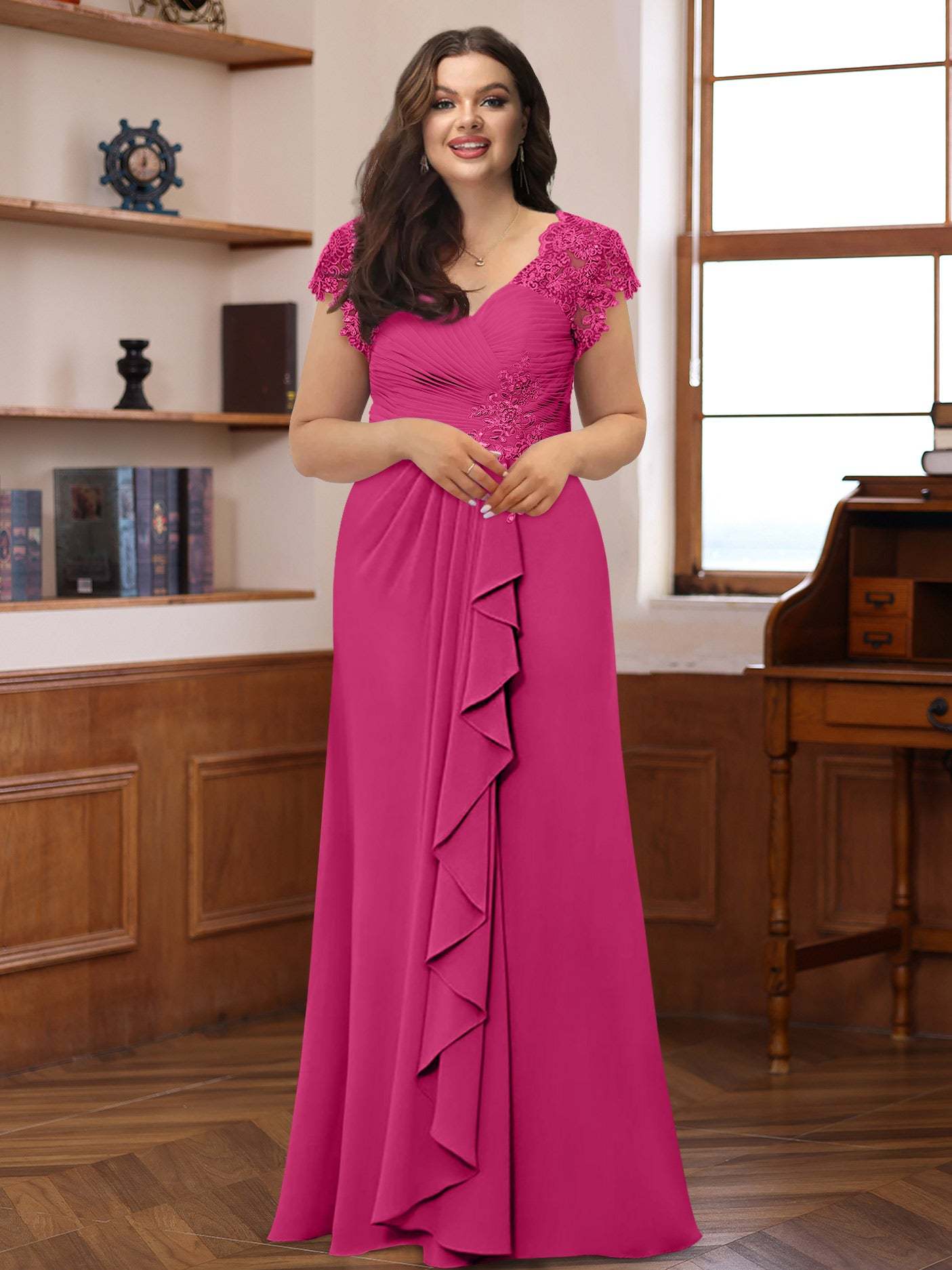 Plus Size V-Neck A-Line Princess Dress with Short Sleeves Ruffles and Appliques for Mothers of the Bride & Groom-BMbridal.UK