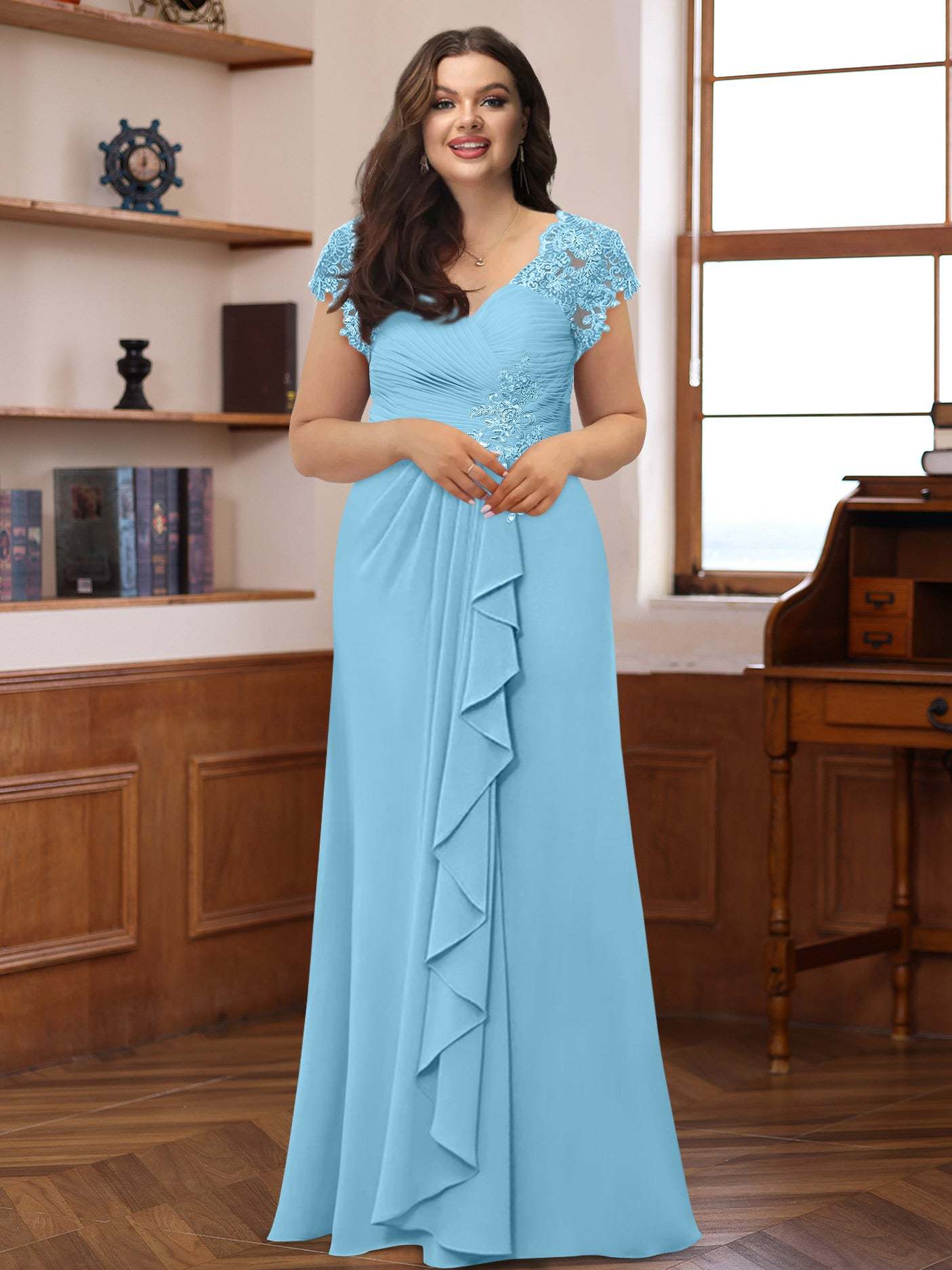 Plus Size V-Neck A-Line Princess Dress with Short Sleeves Ruffles and Appliques for Mothers of the Bride & Groom-BMbridal.UK