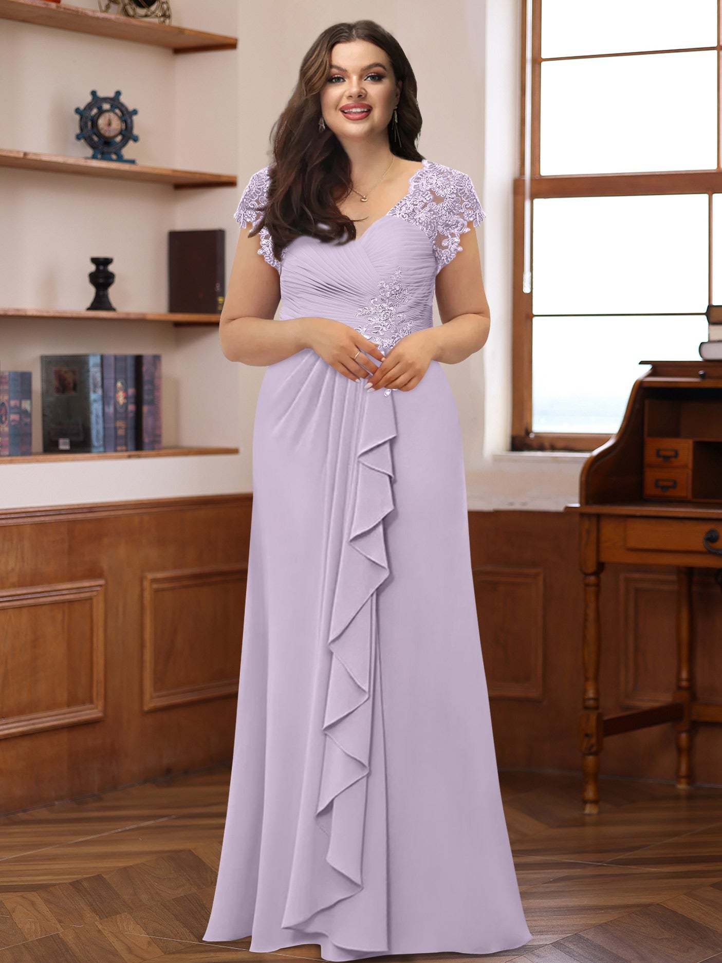 Plus Size V-Neck A-Line Princess Dress with Short Sleeves Ruffles and Appliques for Mothers of the Bride & Groom-BMbridal.UK