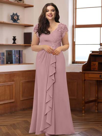 Plus Size V-Neck A-Line Princess Dress with Short Sleeves Ruffles and Appliques for Mothers of the Bride & Groom-BMbridal.UK