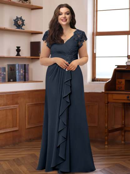 Plus Size V-Neck A-Line Princess Dress with Short Sleeves Ruffles and Appliques for Mothers of the Bride & Groom-BMbridal.UK