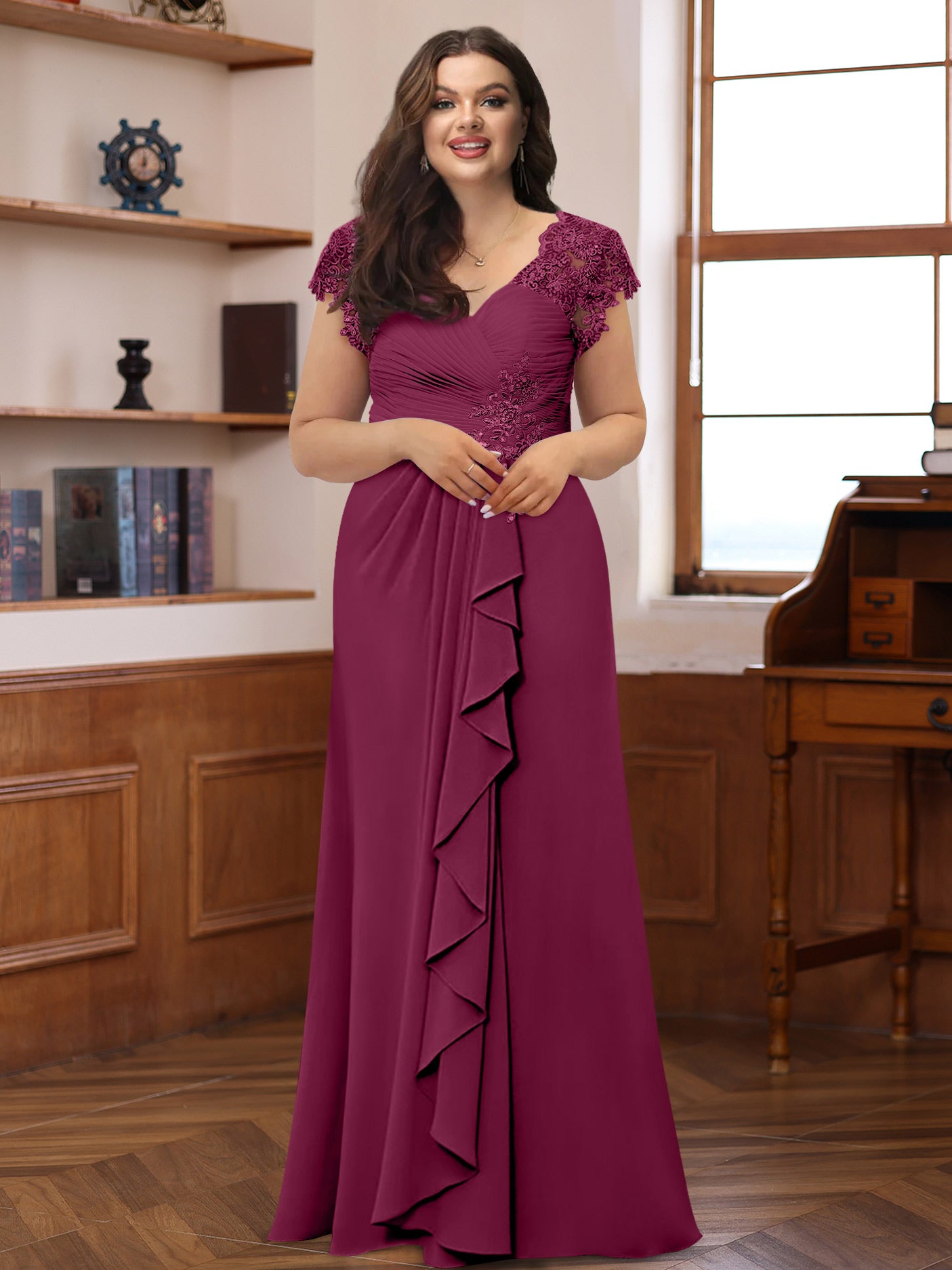 Plus Size V-Neck A-Line Princess Dress with Short Sleeves Ruffles and Appliques for Mothers of the Bride & Groom-BMbridal.UK