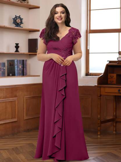 Plus Size V-Neck A-Line Princess Dress with Short Sleeves Ruffles and Appliques for Mothers of the Bride & Groom-BMbridal.UK