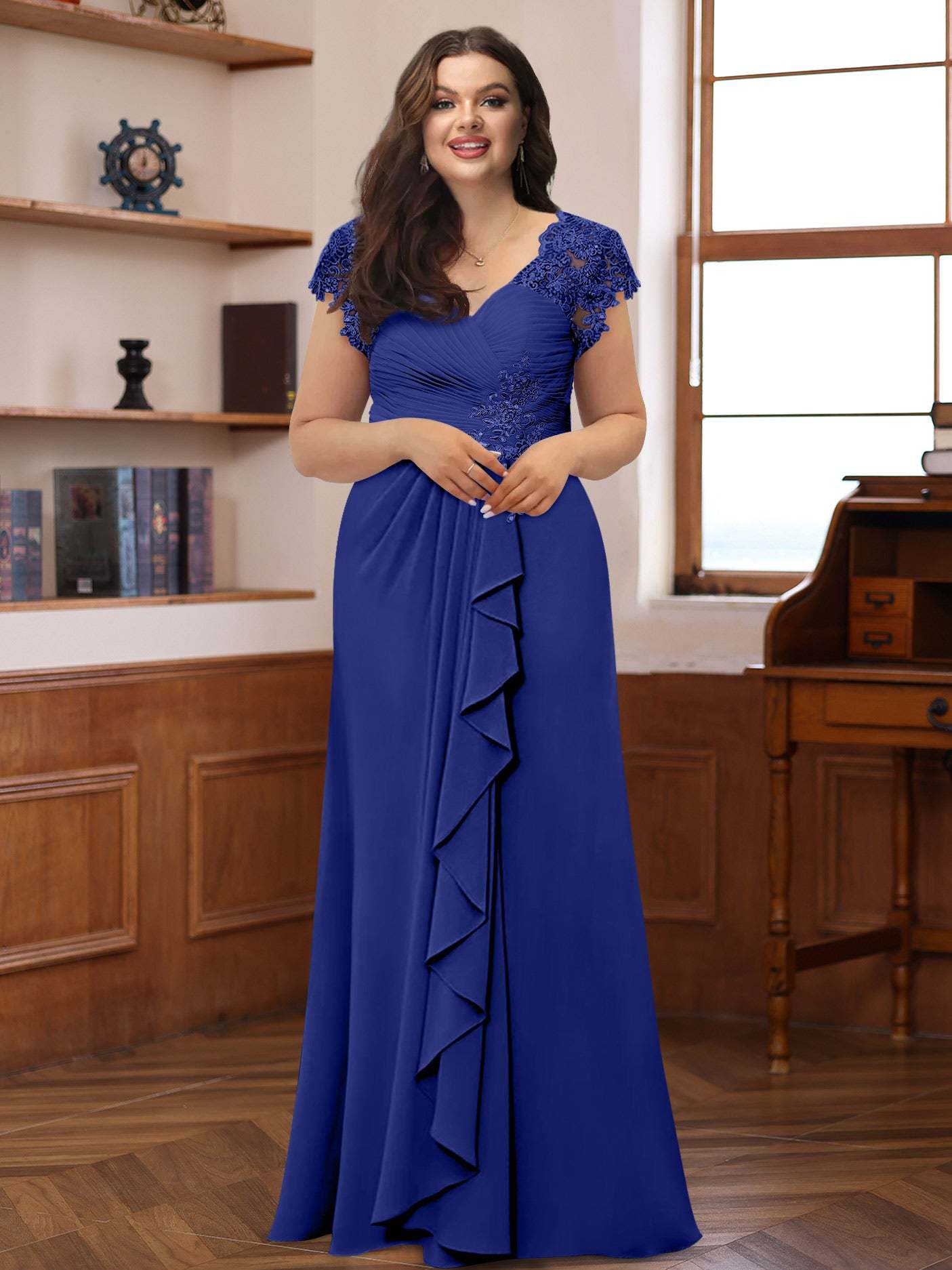 Plus Size V-Neck A-Line Princess Dress with Short Sleeves Ruffles and Appliques for Mothers of the Bride & Groom-BMbridal.UK
