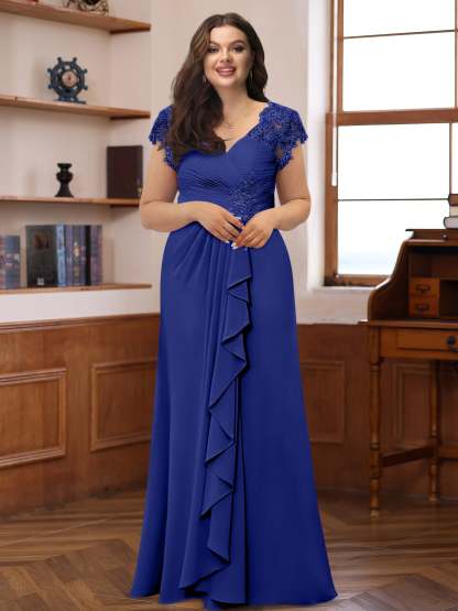 Plus Size V-Neck A-Line Princess Dress with Short Sleeves Ruffles and Appliques for Mothers of the Bride & Groom-BMbridal.UK