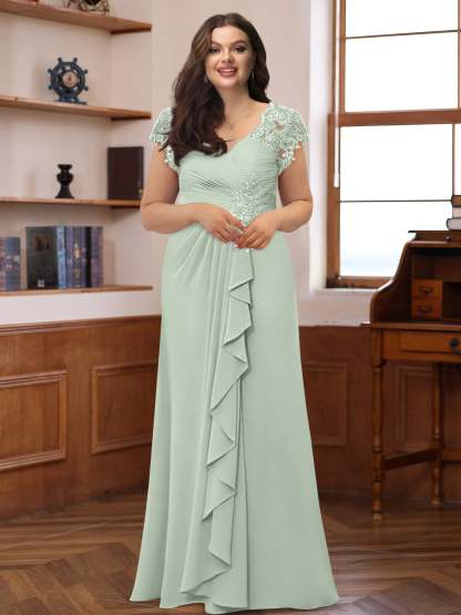 Plus Size V-Neck A-Line Princess Dress with Short Sleeves Ruffles and Appliques for Mothers of the Bride & Groom-BMbridal.UK