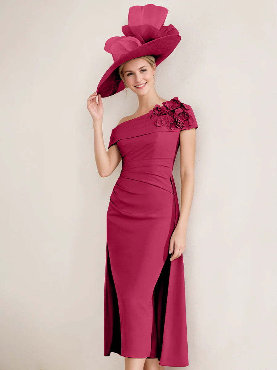 Off-the-Shoulder Pleated Tea-Length Sheath/Column Dress with 3D Flowers for the Mother of the Bride