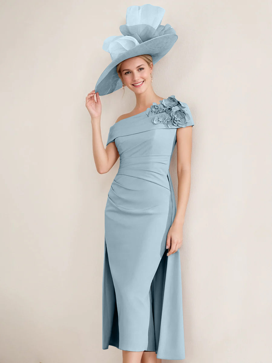 Off-the-Shoulder Pleated Tea-Length Sheath/Column Dress with 3D Flowers for the Mother of the Bride