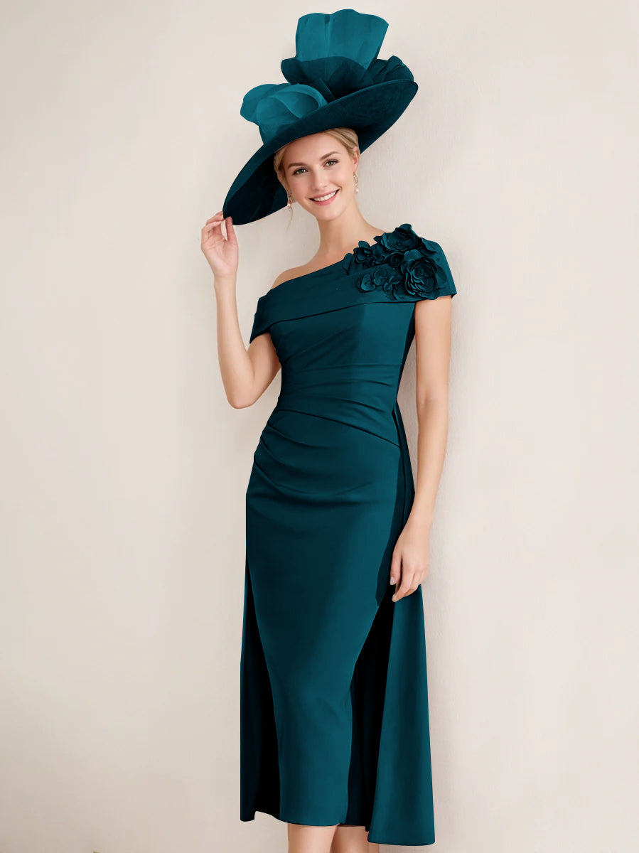 Off-the-Shoulder Pleated Tea-Length Sheath/Column Dress with 3D Flowers for the Mother of the Bride