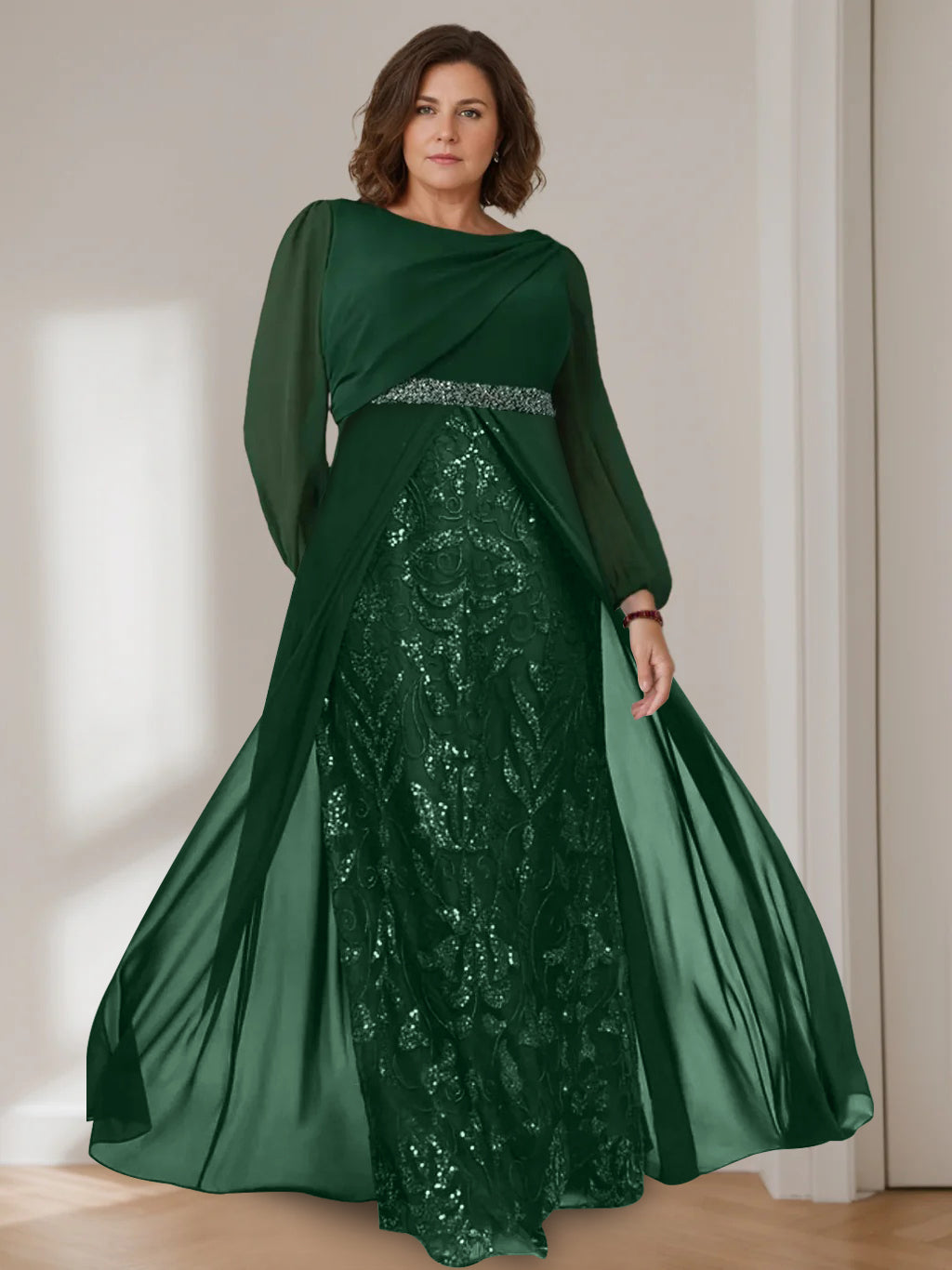 Princess A-Line Floor-Length Plus Size Mother of the Bride Gown with Scoop Neck and Long Sequined Sleeves-BMbridal.UK