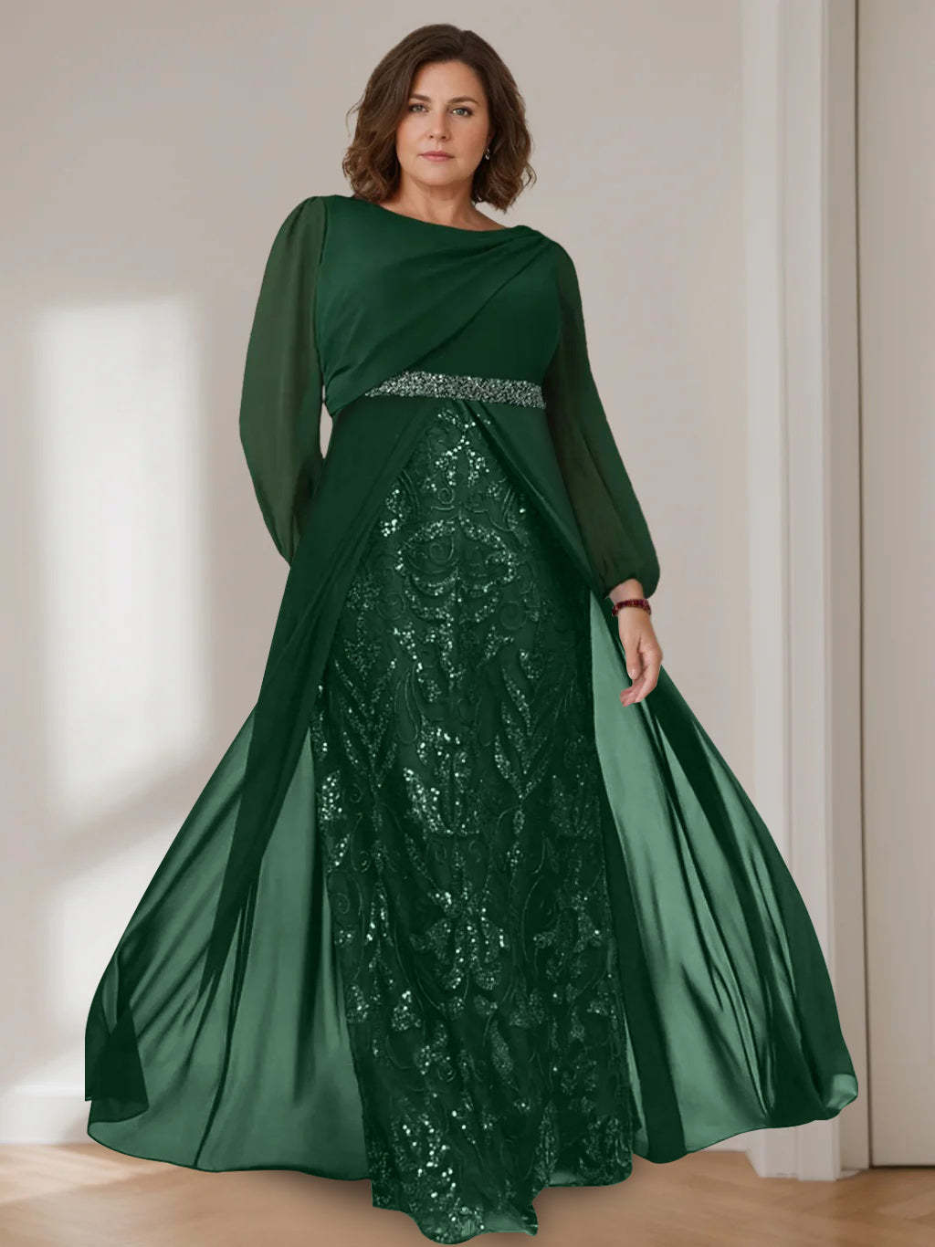 Princess A-Line Floor-Length Plus Size Mother of the Bride Gown with Scoop Neck and Long Sequined Sleeves-BMbridal.UK
