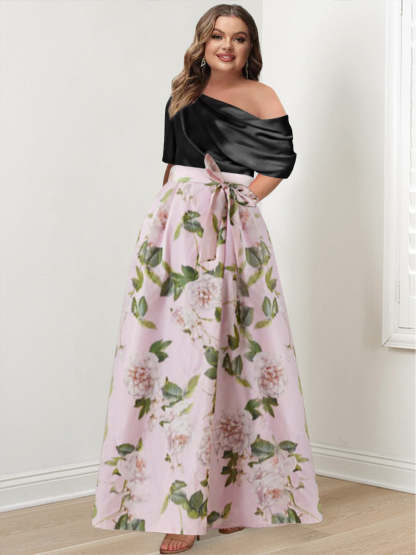Plus Size Printed Flower Mother of the Bride A-Line/Princess Dress with One-Shoulder Bow Belt