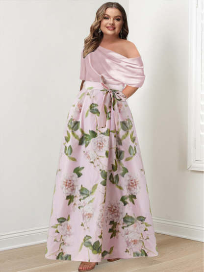 Plus Size Printed Flower Mother of the Bride A-Line/Princess Dress with One-Shoulder Bow Belt