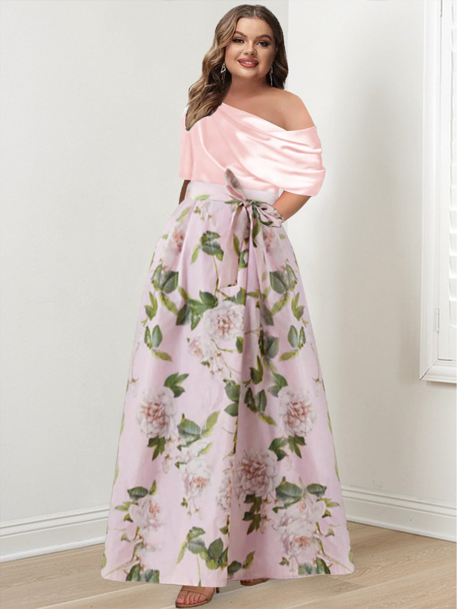 Plus Size Printed Flower Mother of the Bride A-Line/Princess Dress with One-Shoulder Bow Belt