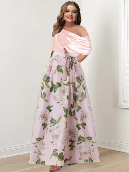 Plus Size Printed Flower Mother of the Bride A-Line/Princess Dress with One-Shoulder Bow Belt