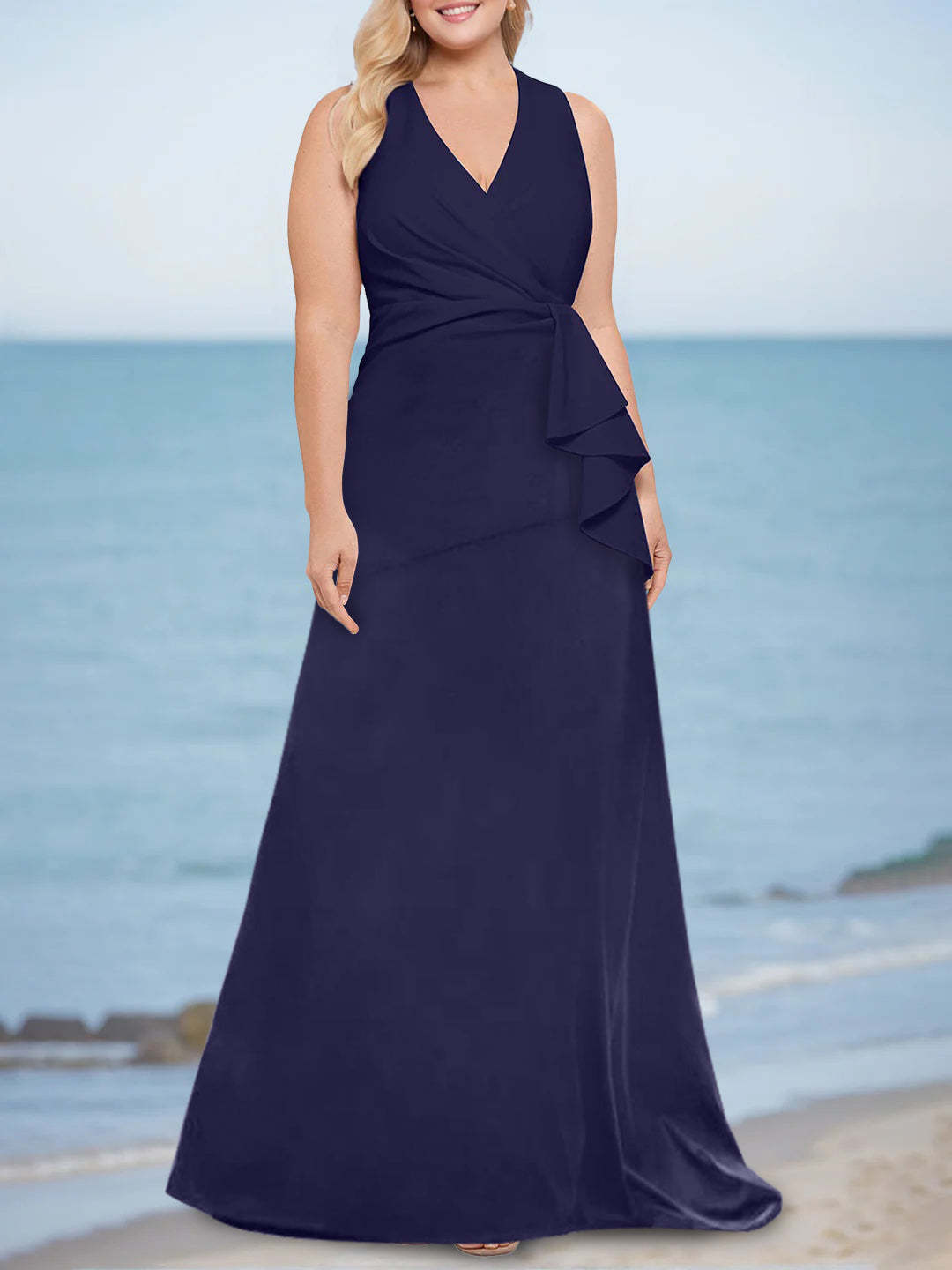 Plus Size V-Neck Sleeveless Floor-Length Trumpet/Mermaid Mother of the Bride Dresses with Ruffles