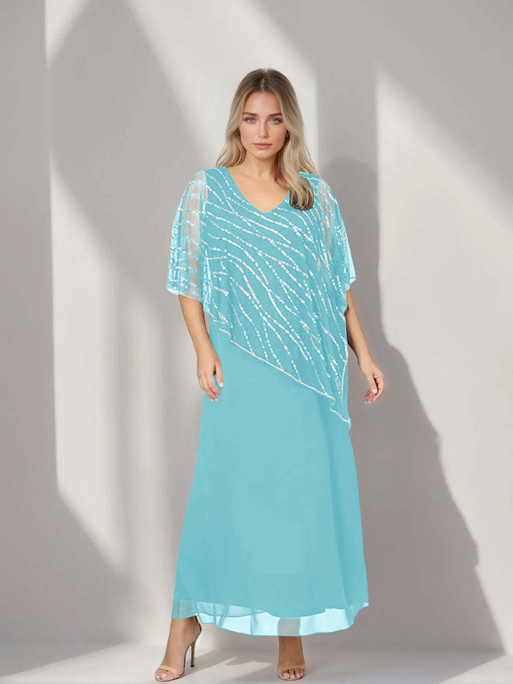 Plus Size V-Neck A-Line Princess Ankle-Length Mother of the Bride Dress with Asymmetrical Cape Popover and Half Sleeves-BMbridal.UK
