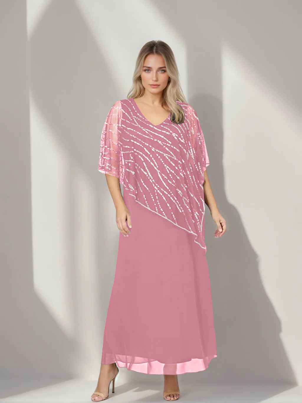 Plus Size V-Neck A-Line Princess Ankle-Length Mother of the Bride Dress with Asymmetrical Cape Popover and Half Sleeves-BMbridal.UK