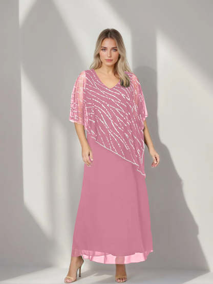 Plus Size V-Neck A-Line Princess Ankle-Length Mother of the Bride Dress with Asymmetrical Cape Popover and Half Sleeves-BMbridal.UK