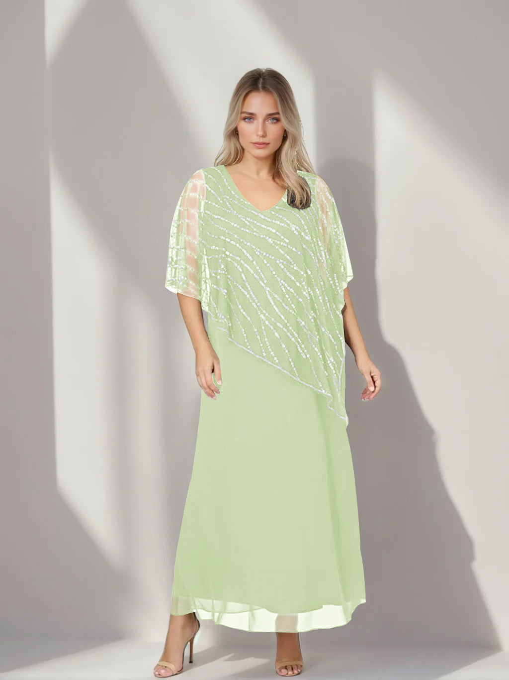 Plus Size V-Neck A-Line Princess Ankle-Length Mother of the Bride Dress with Asymmetrical Cape Popover and Half Sleeves-BMbridal.UK