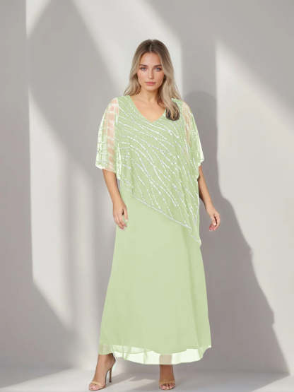 Plus Size V-Neck A-Line Princess Ankle-Length Mother of the Bride Dress with Asymmetrical Cape Popover and Half Sleeves-BMbridal.UK