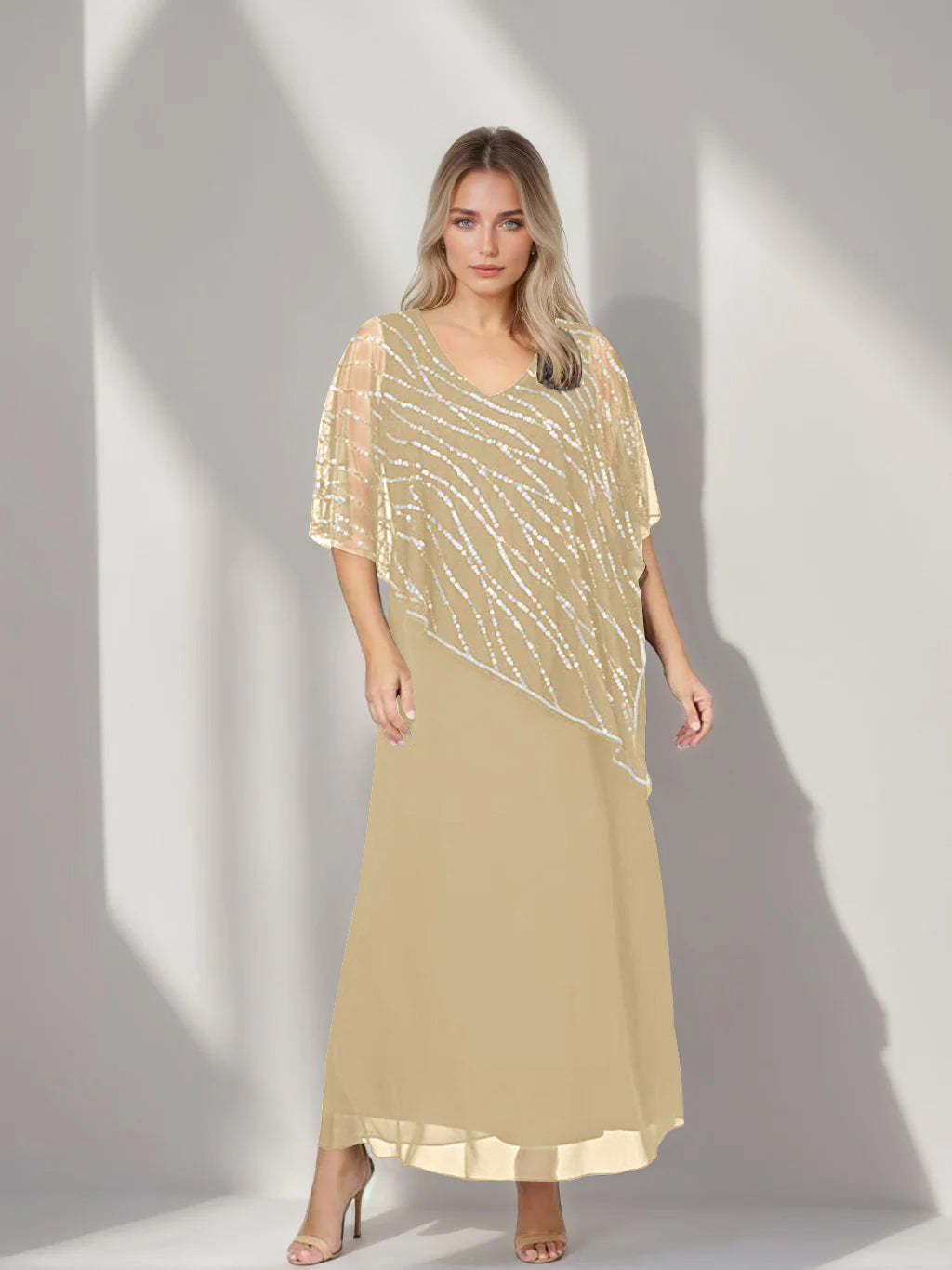 Plus Size V-Neck A-Line Princess Ankle-Length Mother of the Bride Dress with Asymmetrical Cape Popover and Half Sleeves-BMbridal.UK