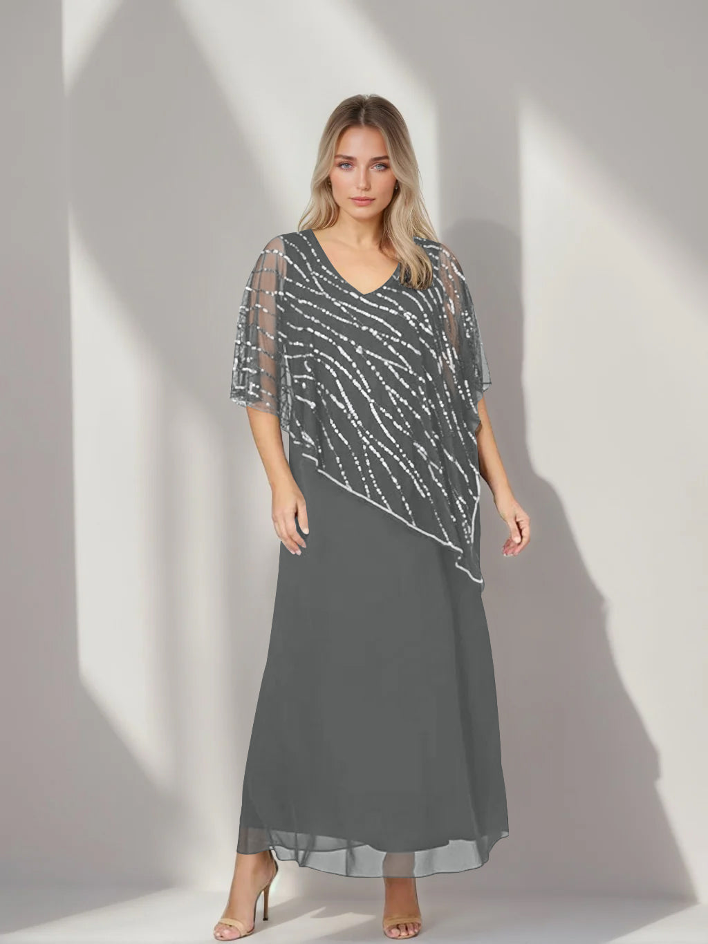 Plus Size V-Neck A-Line Princess Ankle-Length Mother of the Bride Dress with Asymmetrical Cape Popover and Half Sleeves-BMbridal.UK