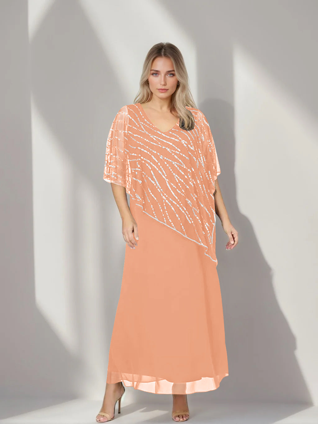 Plus Size V-Neck A-Line Princess Ankle-Length Mother of the Bride Dress with Asymmetrical Cape Popover and Half Sleeves-BMbridal.UK