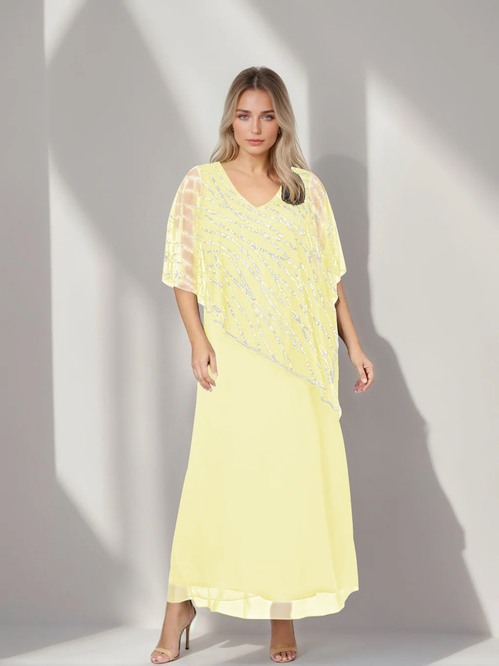 Plus Size V-Neck A-Line Princess Ankle-Length Mother of the Bride Dress with Asymmetrical Cape Popover and Half Sleeves-BMbridal.UK