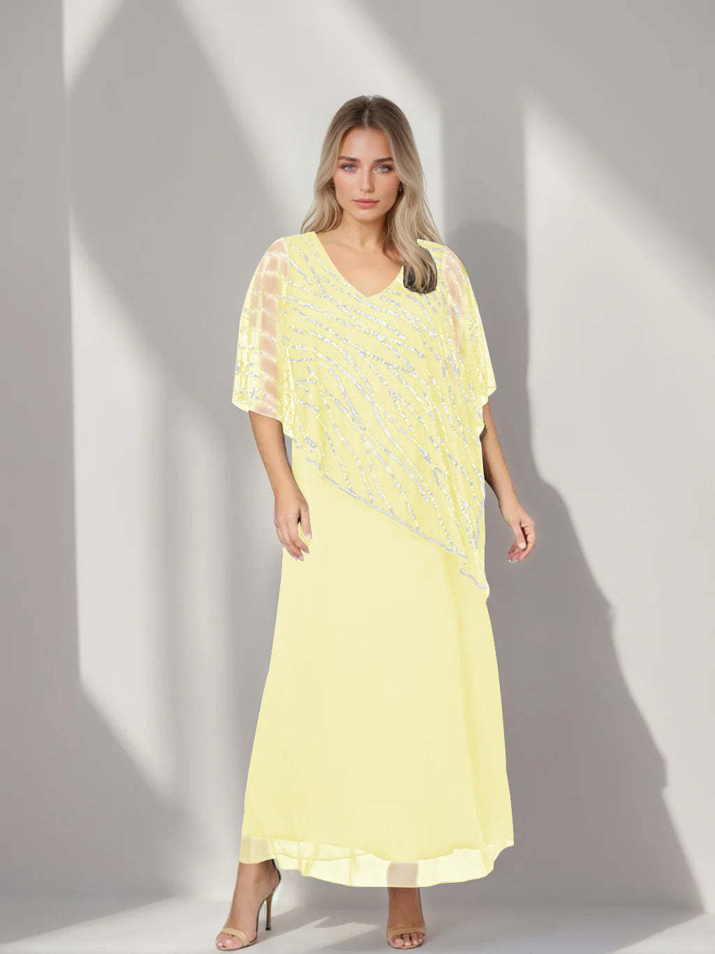 Plus Size V-Neck A-Line Princess Ankle-Length Mother of the Bride Dress with Asymmetrical Cape Popover and Half Sleeves-BMbridal.UK