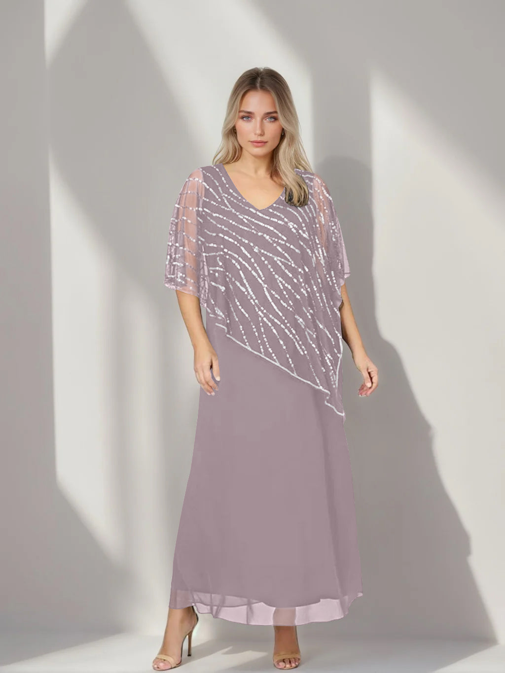 Plus Size V-Neck A-Line Princess Ankle-Length Mother of the Bride Dress with Asymmetrical Cape Popover and Half Sleeves-BMbridal.UK